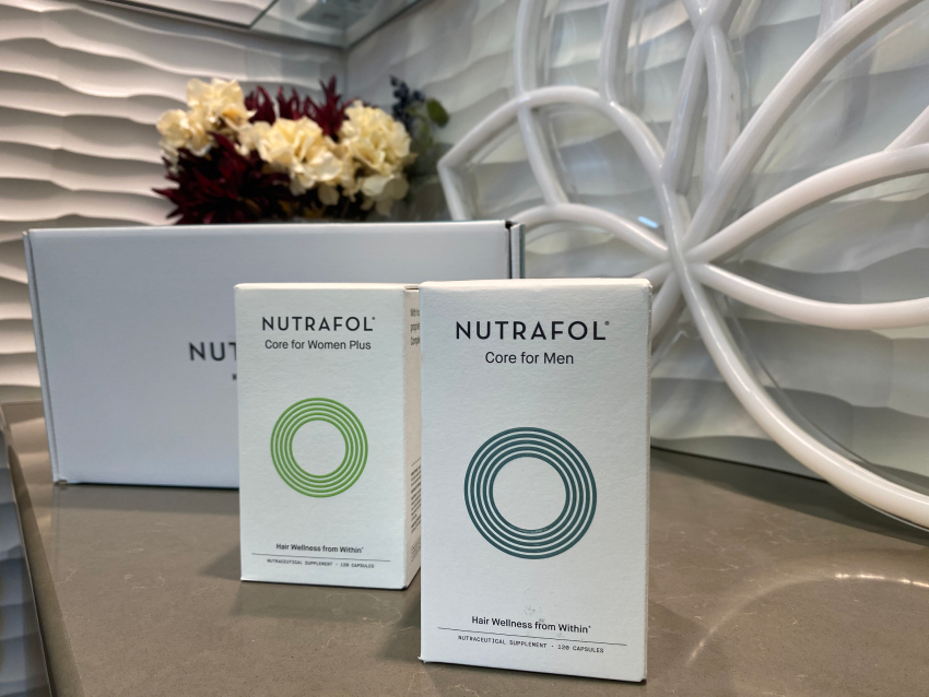 A close up of Nutrafol, a hair loss treatment, at a wellness center in Chicago